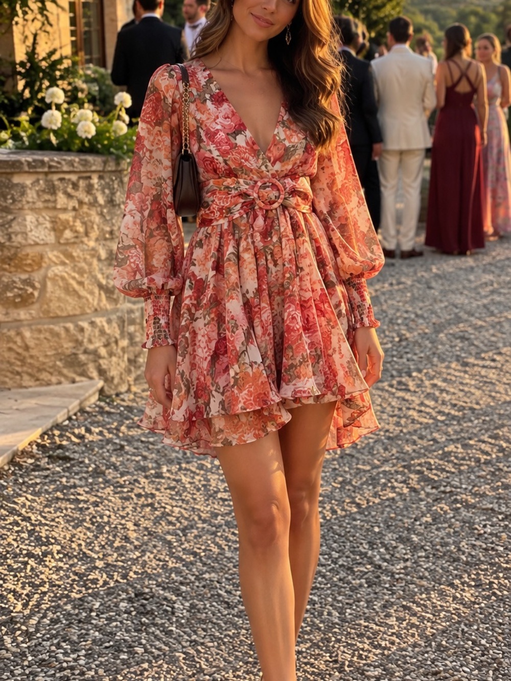 Nordstrom Floral Belted V-Neck Mini Dress - Coral, Pink, Green